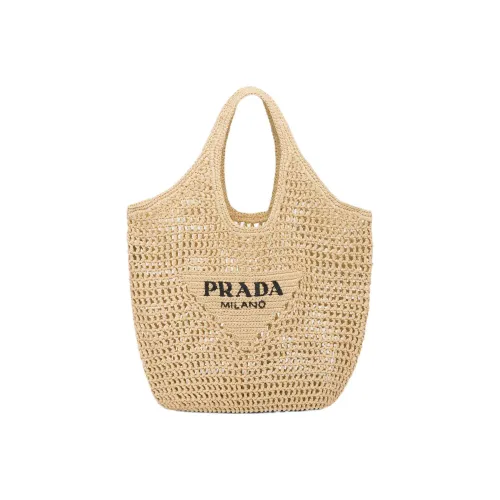 PRADA zipped Fiber Beach Bag Tote Bag Shopping Bag Handbag Women's Tan
