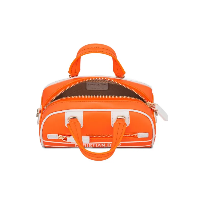 DIOR Smooth Cow Leather Bowling Bag, Handbag, Shoulder Bag, Crossbody Bag Mini Women's Neon Orange/White-3