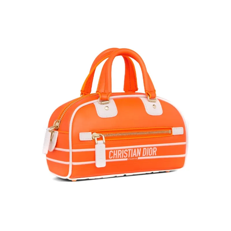 DIOR Smooth Cow Leather Bowling Bag, Handbag, Shoulder Bag, Crossbody Bag Mini Women's Neon Orange/White-1