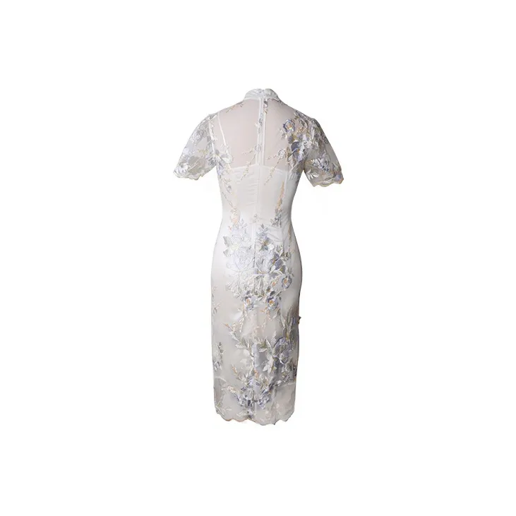 JINYE ORIENTAL Low Slit Short Sleeved Cheongsam Women's Moon White-1