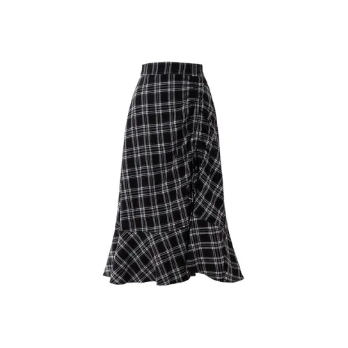 SOON FLOWER Casual Long Skirts Women's Black/White Plaid