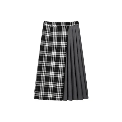 UNRETRO Casual Long Skirts Women's Black/White Plaid