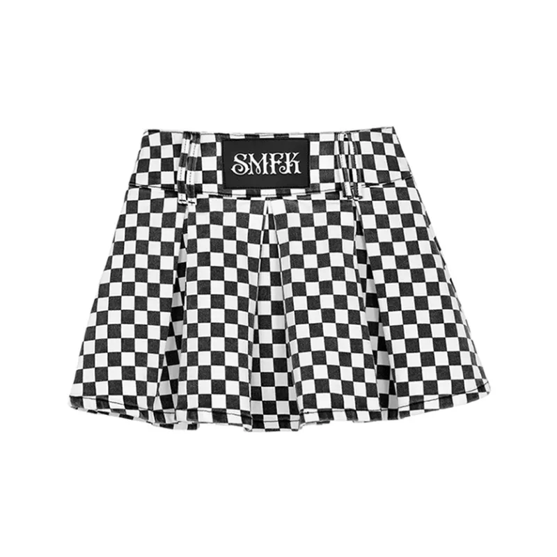 SMFK Casual Short Skirts Women's Black White Plaid-1