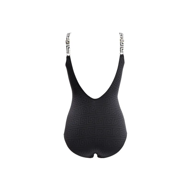 Selmark SS21 Embossed Pattern Low V-neck One-piece Women's Swimsuit Black-1