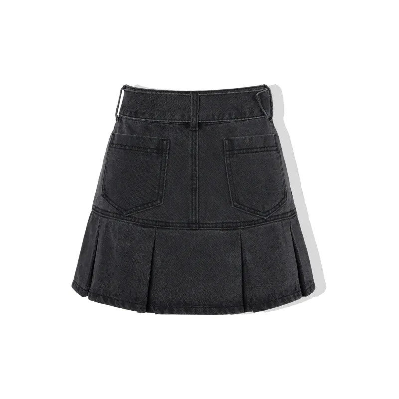 LA CRAWFISH Fitted Pleated Skirt Denim Dresses & Skirts Women's Washed Black-1