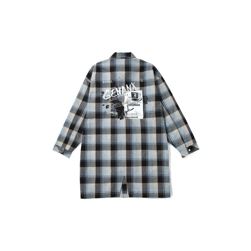 GENANX Trench Coats Unisex Apricot Blue Plaid-1