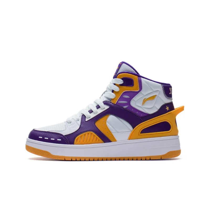 LiNing Cushioning High Top Skateboard Shoes Women's White Purple Yellow-0