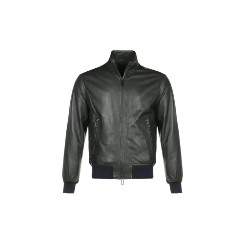 EMPORIO ARMANI Leather Jackets Men Army Green