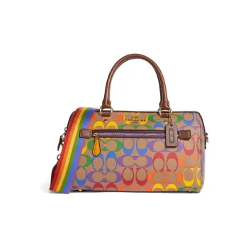 COACH Rowan Coated Canvas With Leather Boston Bag, Handbag, Shoulder Bag, Crossbody Bag Tubas Women's Khaki & Rainbow
