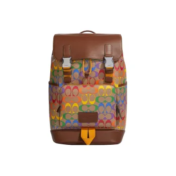 COACH Track Canvas With Smooth Calfskin Backpack Regular Women's Brown & Rainbow