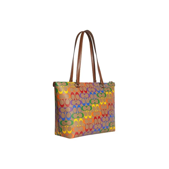 COACH Canvas With Leather Tote Bag Shopping Bag Handbag Shoulder Bag Large Size Women's Khaki & Rainbow-1