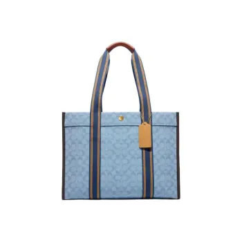 COACH Spin Iconic Jacquard With Smooth Leather Tote Bag, Shoulder Bag, Handbag Large Size Women's Blue & Brown
