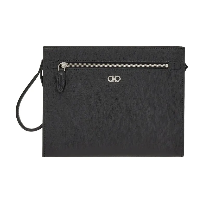 FERRAGAMO GANCINI Cow Leather Clutch Regular Men's Black-0