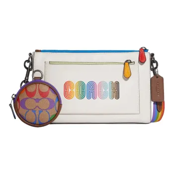 COACH Leather Shoulder Bag, Crossbody Bag Mini Women's White/Brown/Rainbow