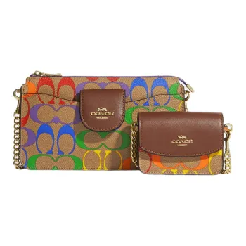 COACH POPPY Coated Canvas With Smooth Leather Small Card Holder, Crossbody Bag Small Size Women's Brown Rainbow