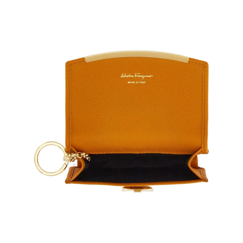 FERRAGAMO GANCINI Textured Cow Leather Business Card Holder Women's Orange-3