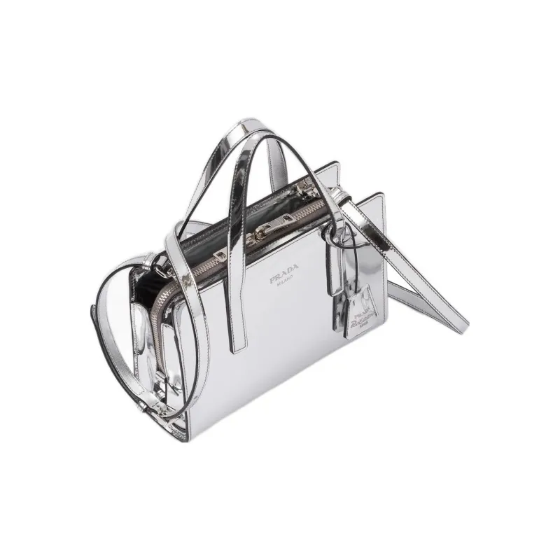 PRADA Re-Edition Shiny Leather Handbag Mini Women's Silver-2