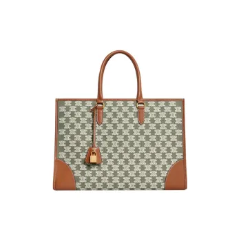 CELINE Cabas Embroidered Fabric Tote Handbag Handbag Shoulder Bag Women's Khaki Green