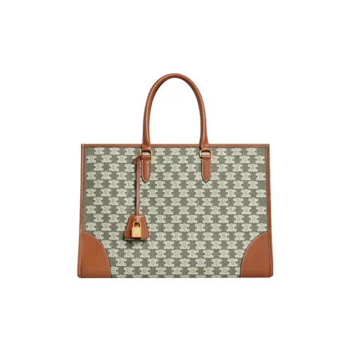 CELINE Cabas Embroidered Fabric Tote Handbag Handbag Shoulder Bag Women's Khaki Green