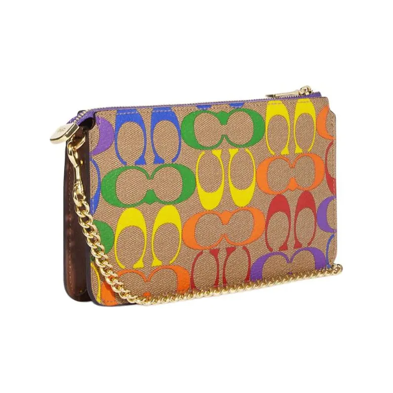 COACH POPPY Coated Canvas With Smooth Leather Small Card Holder, Crossbody Bag Trumpets Women's Brown Rainbow-1