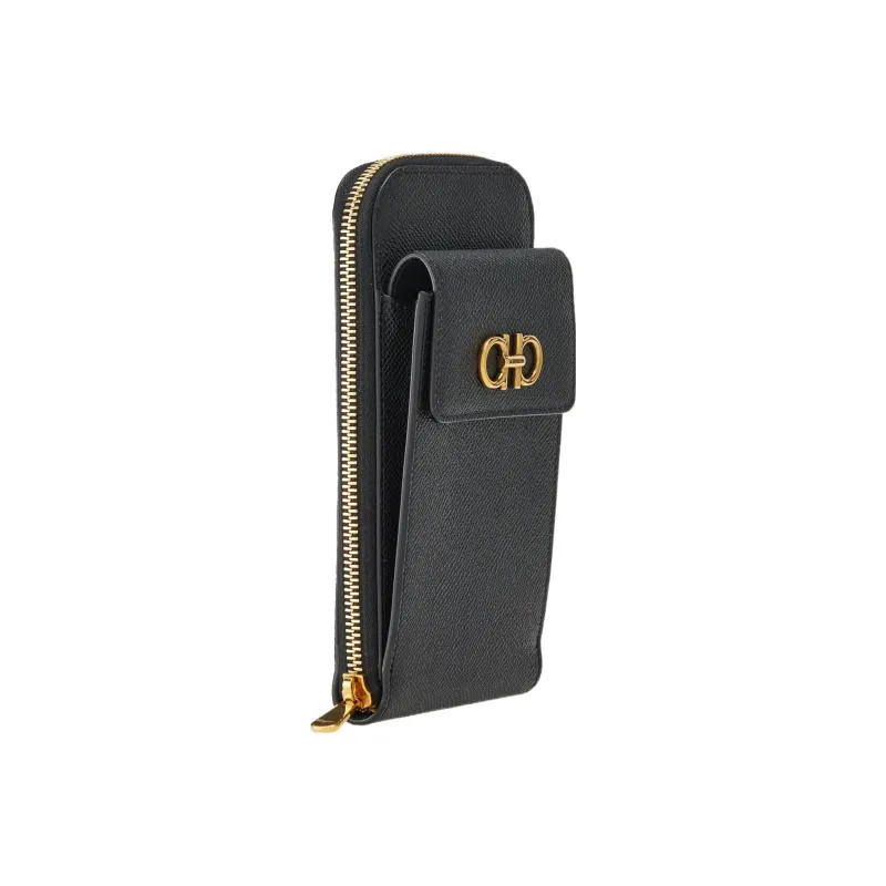 FERRAGAMO GANCINI Cow Leather Cell Phone Pouch Women's Black-1