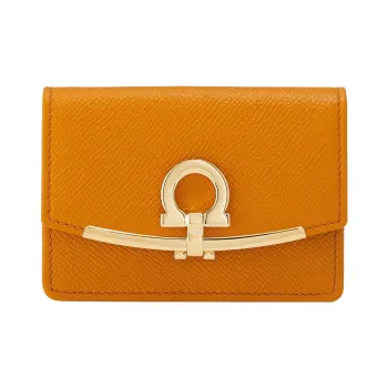 FERRAGAMO GANCINI Textured Cow Leather Business Card Holder Women's Orange
