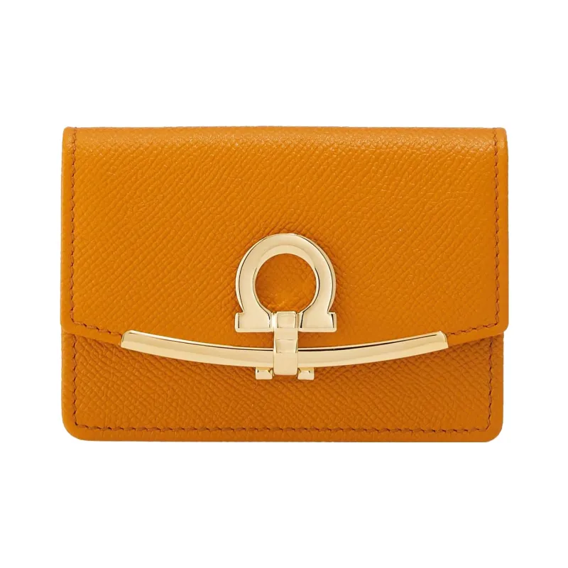 FERRAGAMO GANCINI Textured Cow Leather Business Card Holder Women's Orange-0