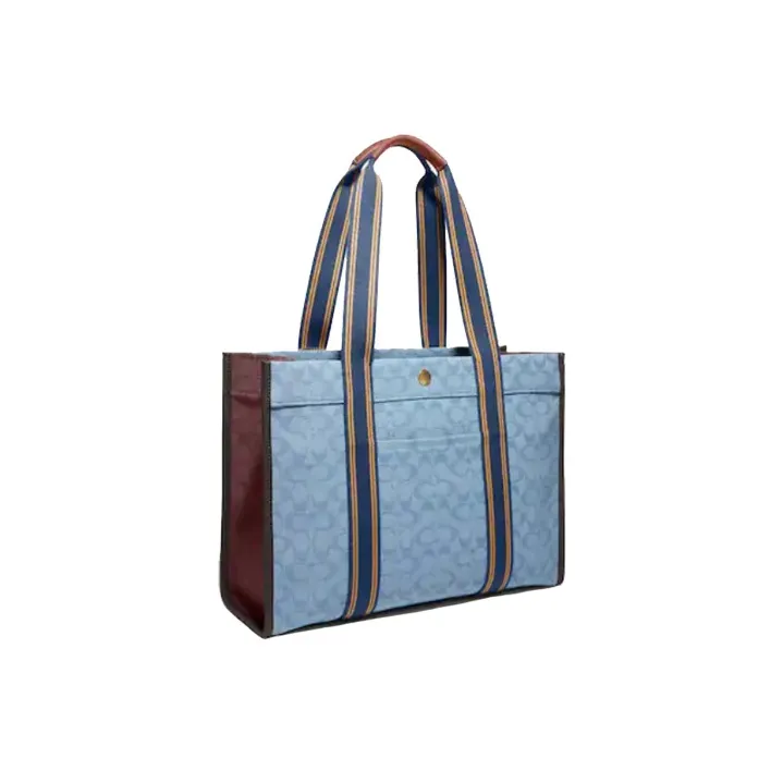 COACH Spin Iconic Jacquard With Smooth Leather Tote Bag, Shoulder Bag, Handbag Tubas Women's Blue & Brown-1