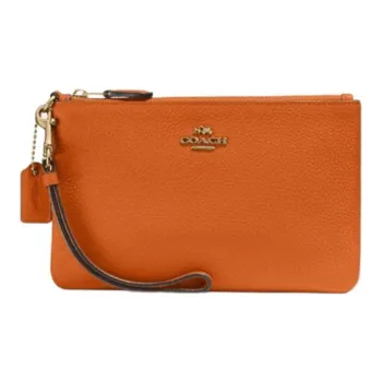 COACH Wristlet Pebbled Leather Wrist Bag Coin Purse Clutch Small Size Women's Orange