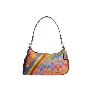 COACH Teri Canvas With Leather Handbag Shoulder Bag Crossbody Bag Medium Size Women's Brown Rainbow