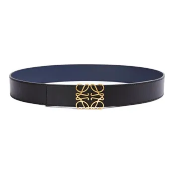 LOEWE Anagram Cow Leather Belt Men's Black Blue Gold Width 4cm