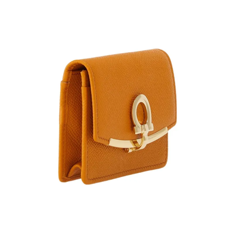FERRAGAMO GANCINI Textured Cow Leather Business Card Holder Women's Orange-1