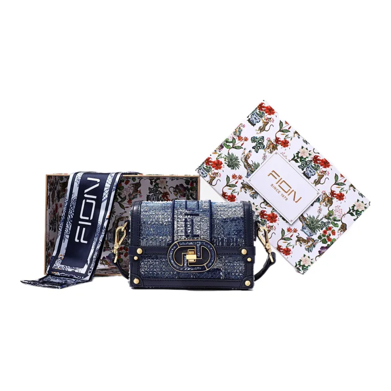 FION Fabric Shoulder Bag, Small Square Bag, Crossbody Bag Trumpets Women's Dark Blue-1