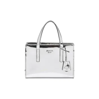 PRADA Re-Edition Shiny Leather Handbag Mini Women's Silver