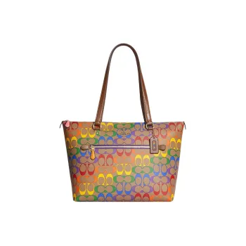COACH Canvas With Leather Tote Bag Shopping Bag Handbag Shoulder Bag Large Size Women's Khaki & Rainbow
