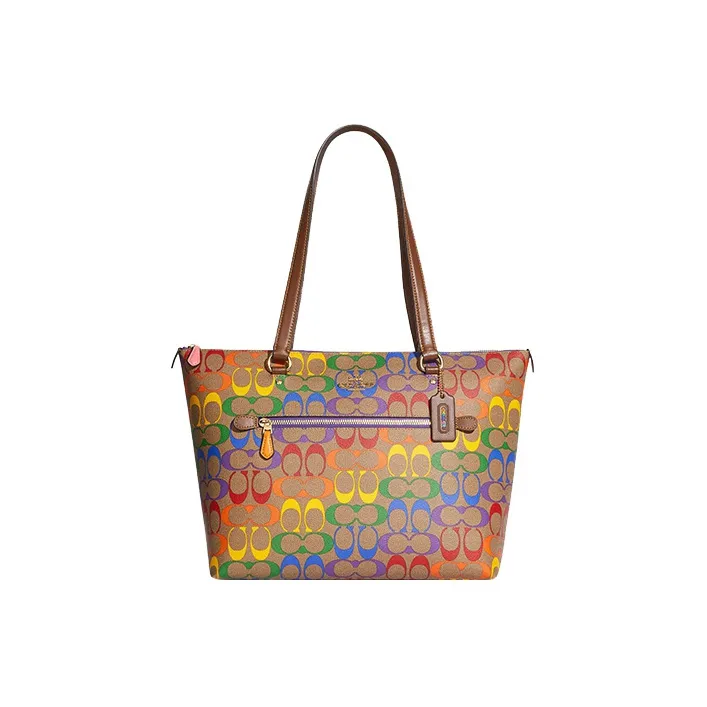 COACH Canvas With Leather Tote Bag Shopping Bag Handbag Shoulder Bag Large Size Women's Khaki & Rainbow-0