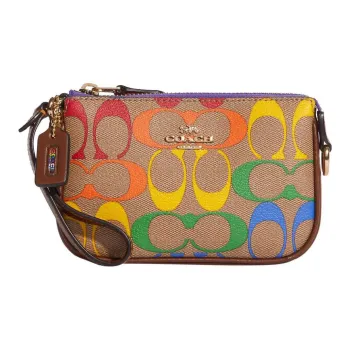 COACH Pebbled Leather Pochette, Shoulder Bag, Clutch, Wrist Bag Mini Women's Brown & Rainbow