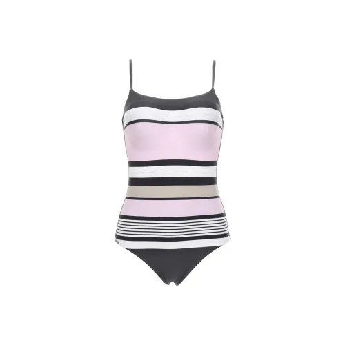Selmark Women Summer Classic Striped Beach Vacation Slimming Embossed One-Piece Swimsuit Black&Pink
