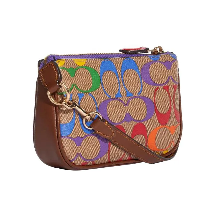 COACH Pebbled Leather Pochette, Shoulder Bag, Clutch, Wrist Bag Mini Women's Brown & Rainbow-1