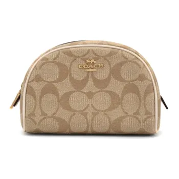 COACH Canvas With Leather Canvas Bag Handheld Makeup Bag Small Size Women's Khaki