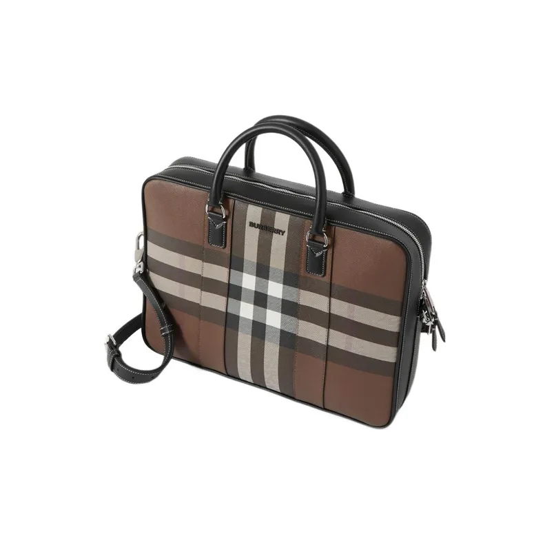 Burberry Plaid Patchwork Leather Briefcase Shoulder Bag Crossbody Bag Handbag Regular Men's Dark Birch Brown-2