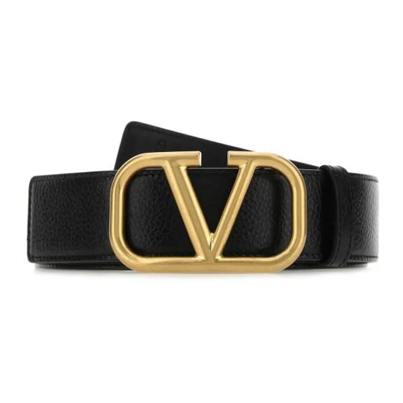 Valentino Logo Letter Smooth Buckle Leather Belts Unisex Black Width 3cm-0