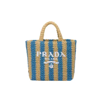 PRADA Wicker Tote Bag Shopping Bag Handbag Small Size Women's Tan Light Blue