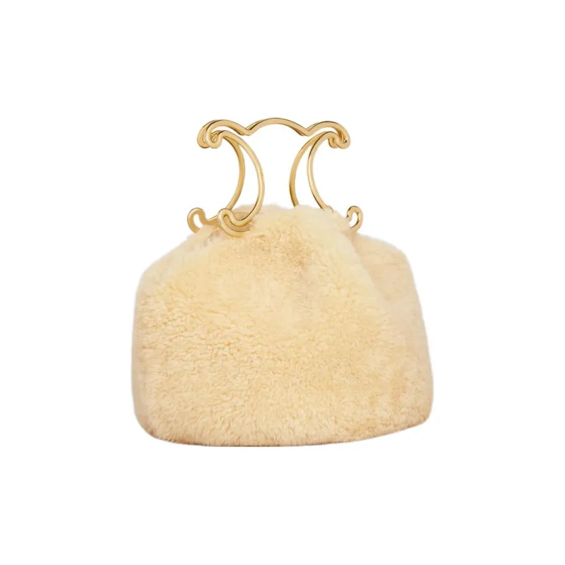 CELINE Triomphe Cow Leather Lining Velvet Clutch Women's Beige Natural-2