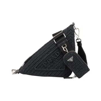 PRADA Triangle Raffia Fiber Handbag Shoulder Bag Crossbody Bag Women's Black