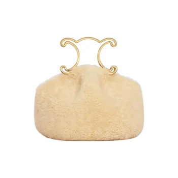 CELINE Triomphe Cow Leather Lining Velvet Clutch Women's Beige Natural