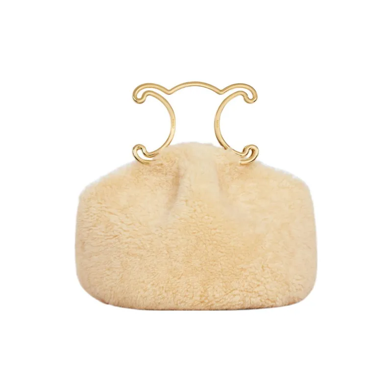 CELINE Triomphe Cow Leather Lining Velvet Clutch Women's Beige Natural-0