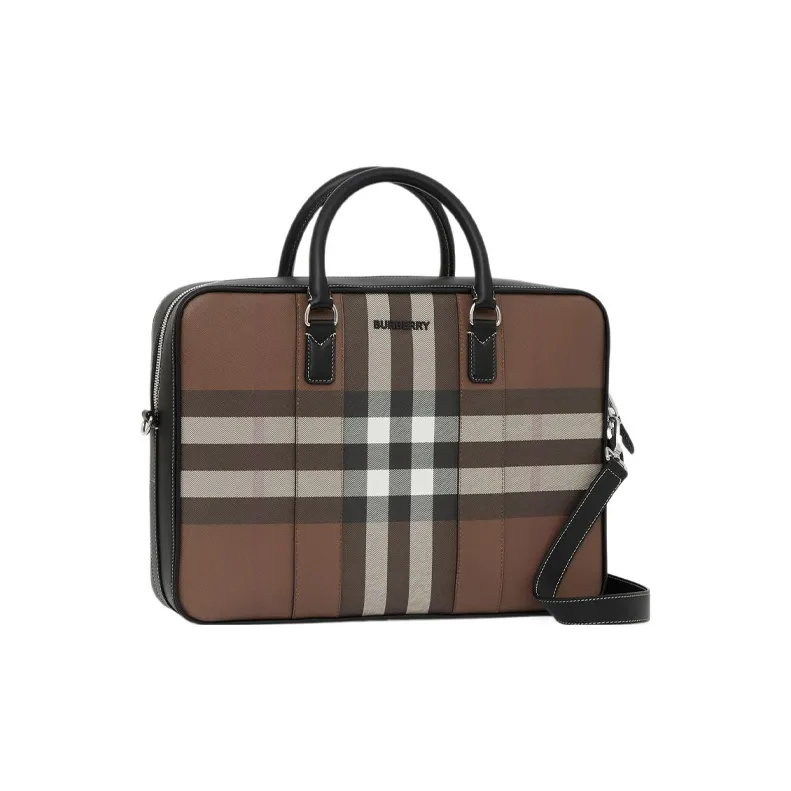 Burberry Plaid Patchwork Leather Briefcase Shoulder Bag Crossbody Bag Handbag Regular Men's Dark Birch Brown-1