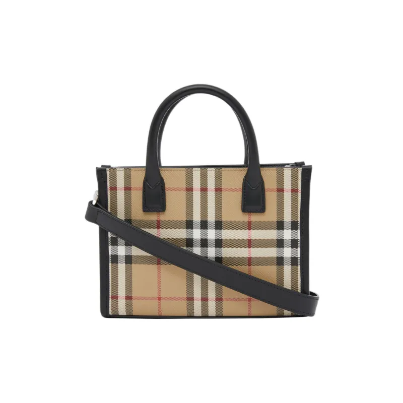 Burberry Mini Vintage Check And Leather Tote Bag Archive Beige-4