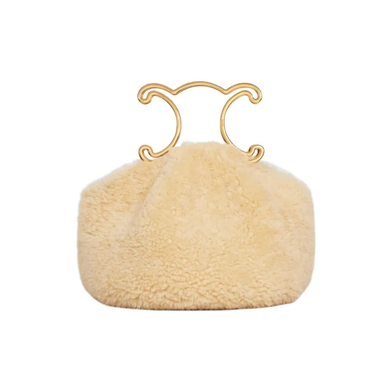 CELINE Triomphe Cow Leather Lining Velvet Clutch Women's Beige Natural-1